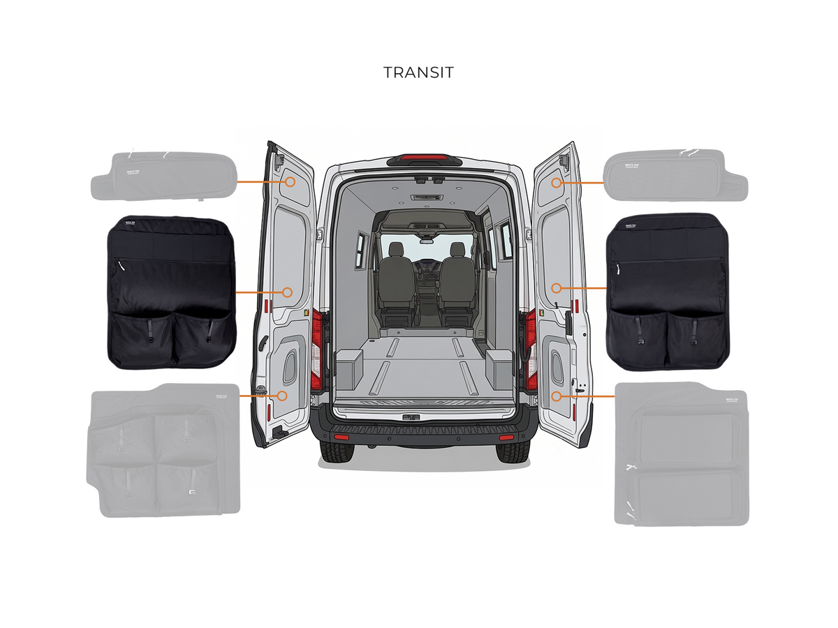 White Top Adventures Ford Transit High Roof 2015+ Middle Rear Door Storage Panels (Pair)