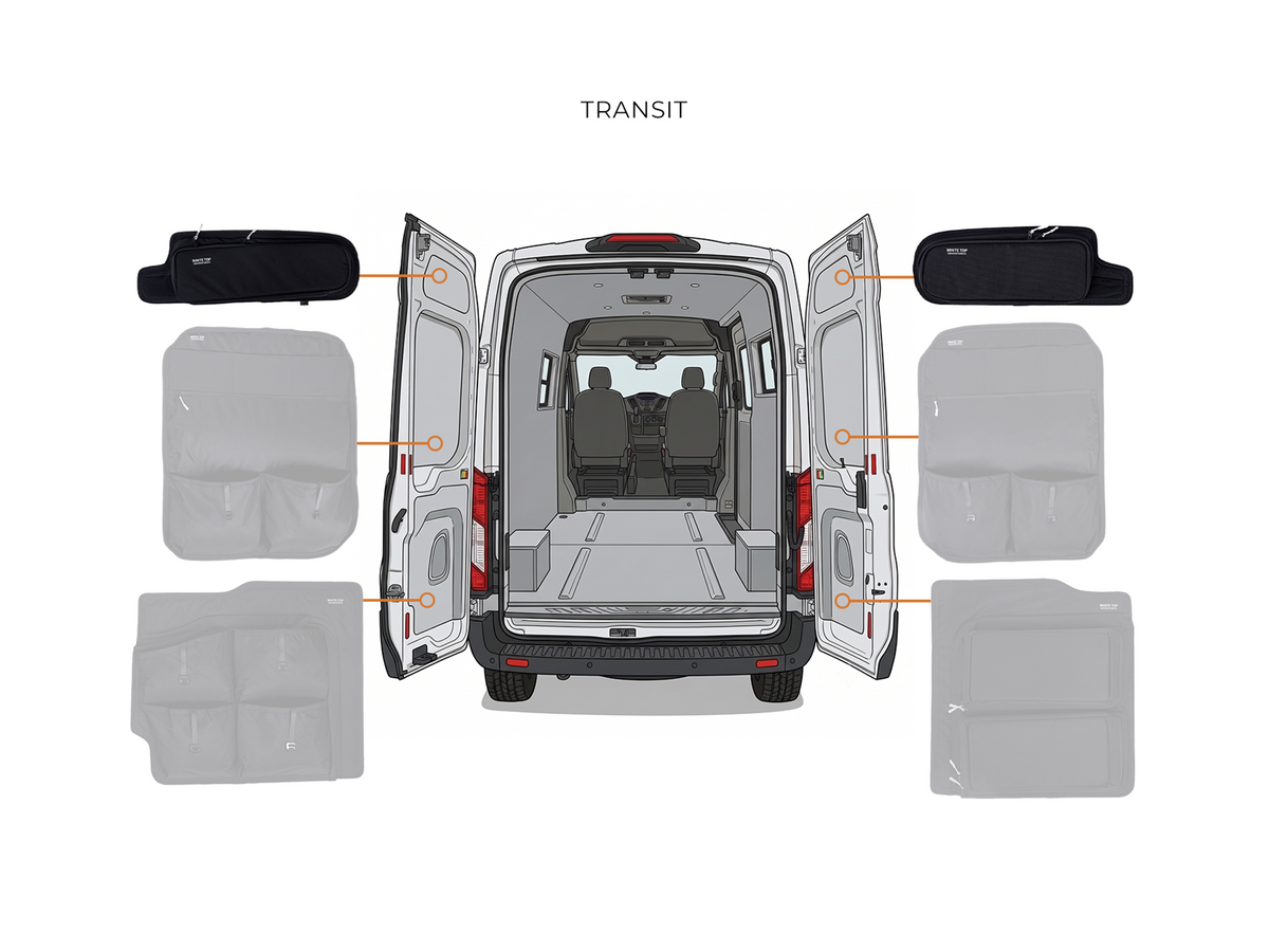 White Top Adventures Ford Transit High Roof 2015+ Upper Rear Door Storage Panels (Pair)