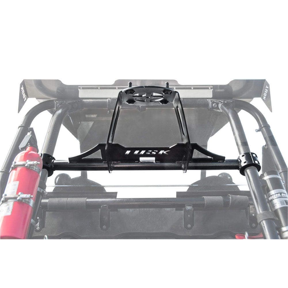 Black roof rack system on a vehicle with visible branding