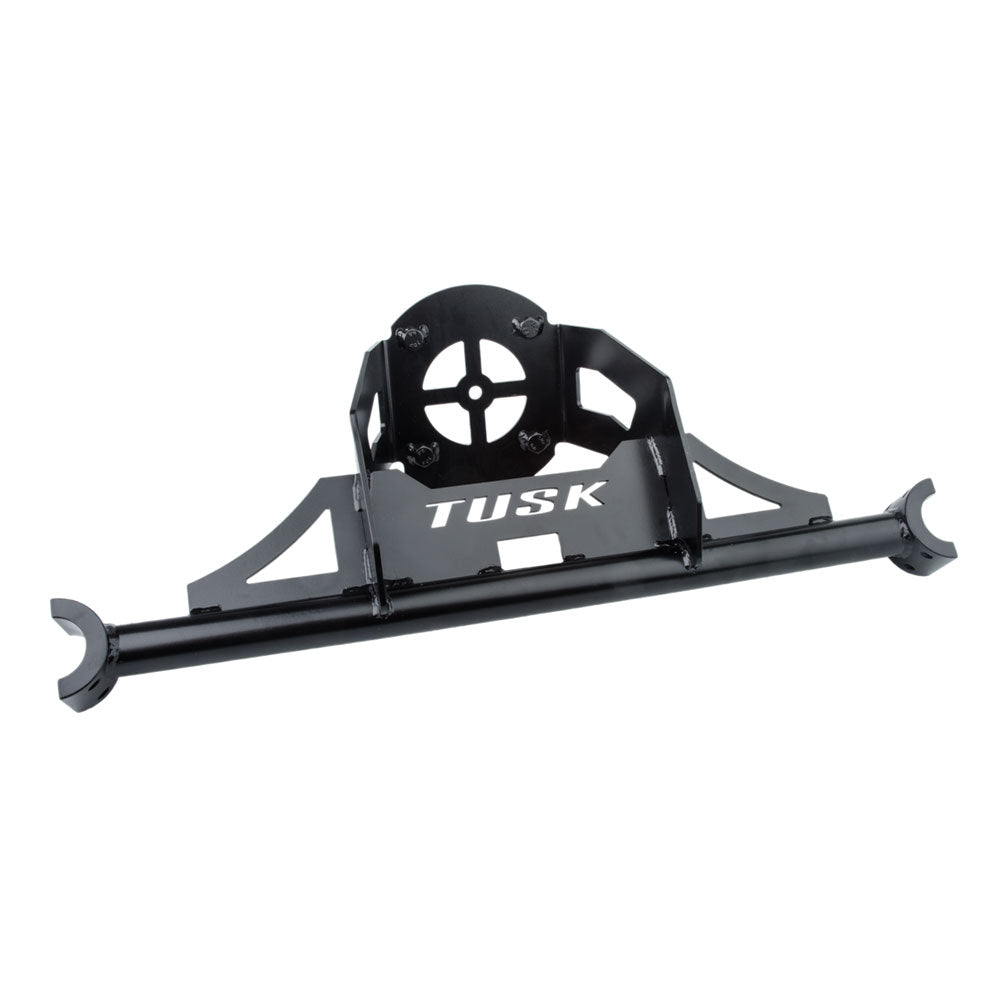 A black metal TUSK brand rack component with a circular mounting plate and a long horizontal bar, shown on a plain white background.