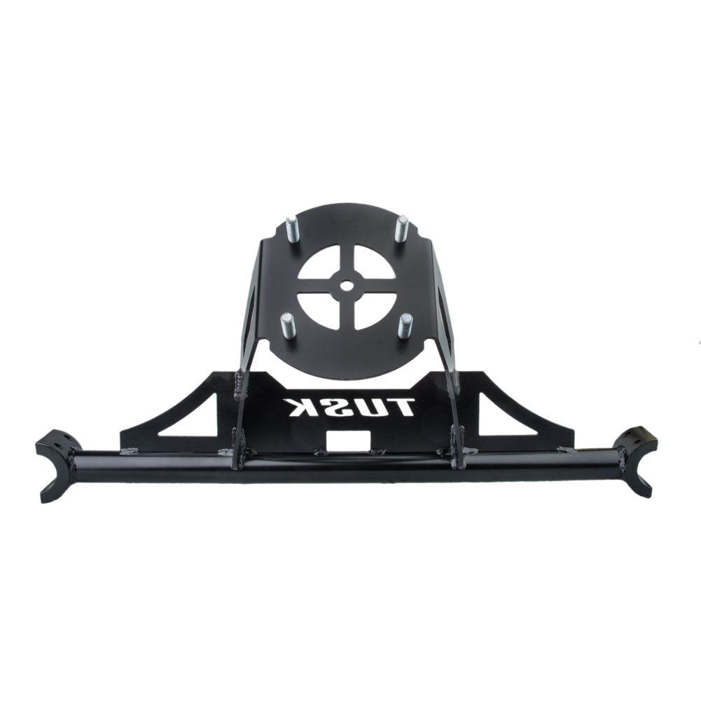 A black metal Tusk vehicle accessory with a mounting plate, four silver bolts, and a horizontal bar, shown against a plain white background.