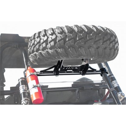 Tire mounted on a vehicle rack with a white background