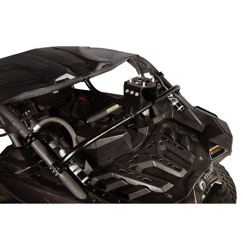 Black roll cage and front bumper assembly installed on a Can-Am side-by-side UTV, shown from a high-angle rear-left perspective against a white background.