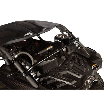 Black roll cage and front bumper assembly installed on a Can-Am side-by-side UTV, shown from a high-angle rear-left perspective against a white background.