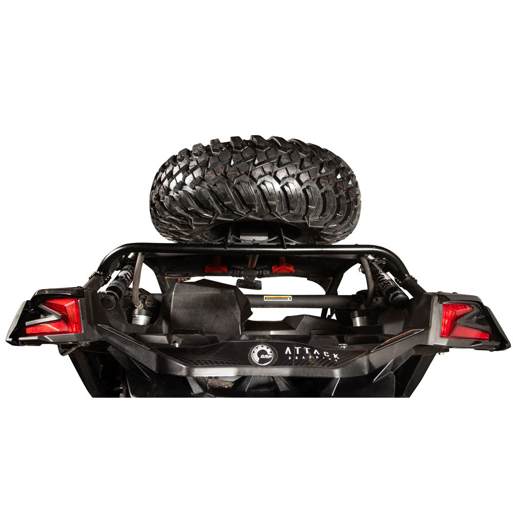 Black off-road vehicle rear bumper and tailgate assembly with a spare tire mounted on top, shown against a plain white background. The bumper features the ATLAKK brand name and logo.