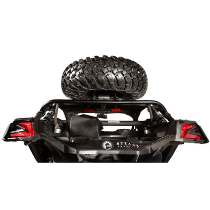 Black off-road vehicle rear bumper and tailgate assembly with a spare tire mounted on top, shown against a plain white background. The bumper features the ATLAKK brand name and logo.
