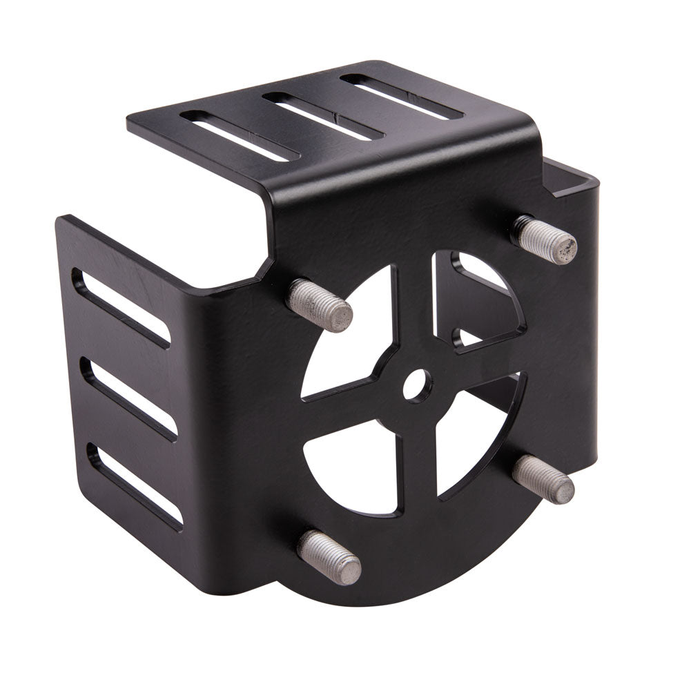 A black metal mounting bracket with six silver threaded studs and cutout slots, shown on a plain white background.