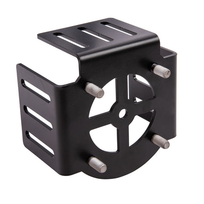 A black metal mounting bracket with six silver threaded studs and cutout slots, shown on a plain white background.