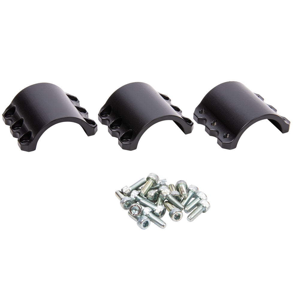 Three black curved mounting brackets shown with a small pile of silver metal screws and bolts on a plain white background.