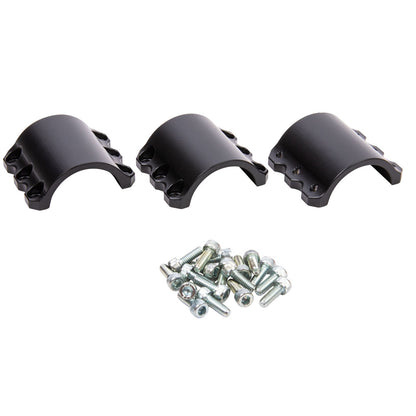 Three black curved mounting brackets shown with a small pile of silver metal screws and bolts on a plain white background.