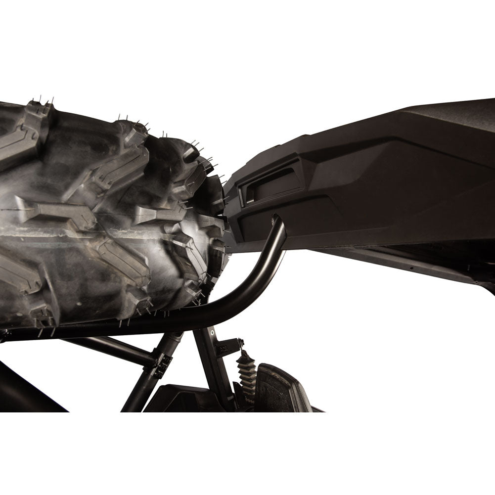 Close-up of a black all-terrain vehicle (ATV) showing the rear tire, black tubular roll bar, and side body panel against a solid white background.