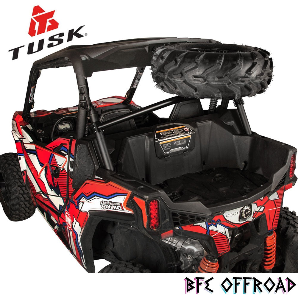A red, white, and black graphics decal kit applied to a Polaris RZR side-by-side UTV, shown from a rear three-quarter angle. The TUSK brand logo is visible in the top-left corner, and 'BFE OFFROAD' is written in stylized text at the bottom-right.
