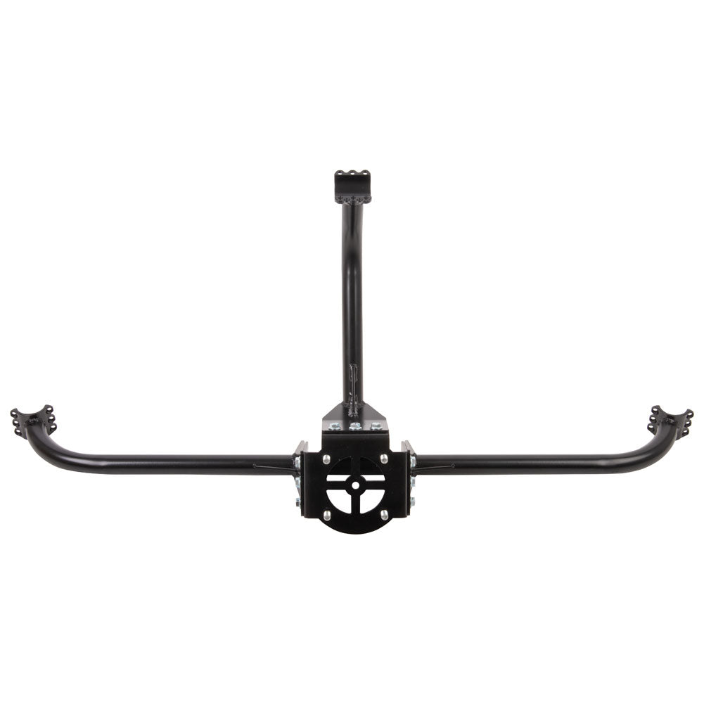 A black metal bicycle rear rack with a central mounting bracket and two curved side bars, shown against a plain white background.