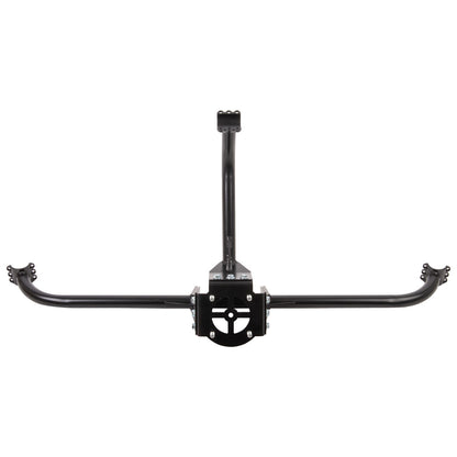 A black metal bicycle rear rack with a central mounting bracket and two curved side bars, shown against a plain white background.
