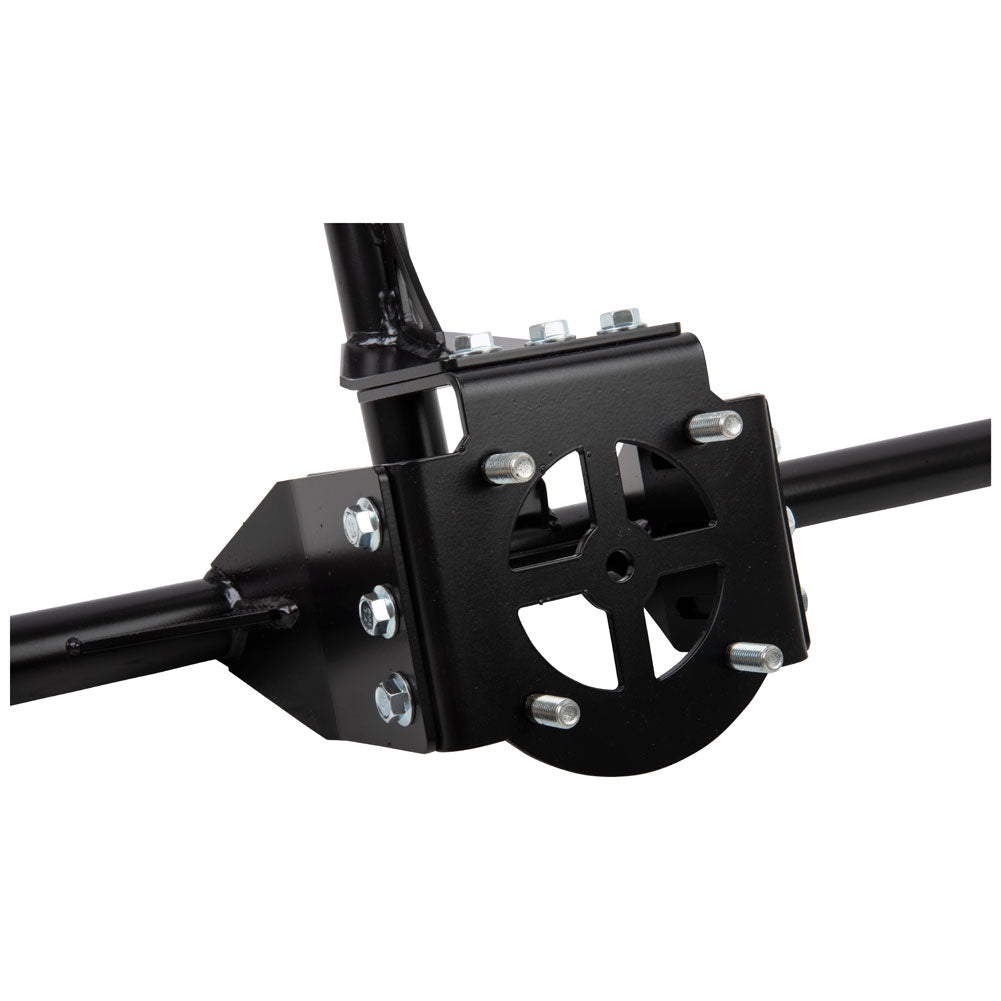 A close-up of a black metal mounting bracket with silver bolts, attached to two black bars, shown on a plain white background.