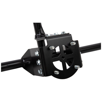 A close-up of a black metal mounting bracket with silver bolts, attached to two black bars, shown on a plain white background.