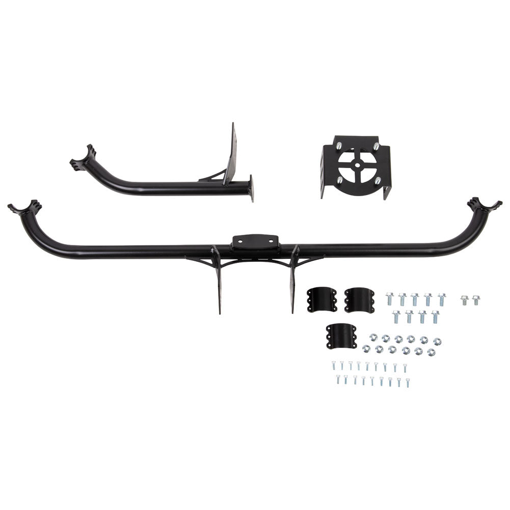 Black metal bull bar mounting kit with a long curved bar, bracket, and mounting hardware on a white background.