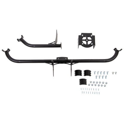 Black metal bull bar mounting kit with a long curved bar, bracket, and mounting hardware on a white background.