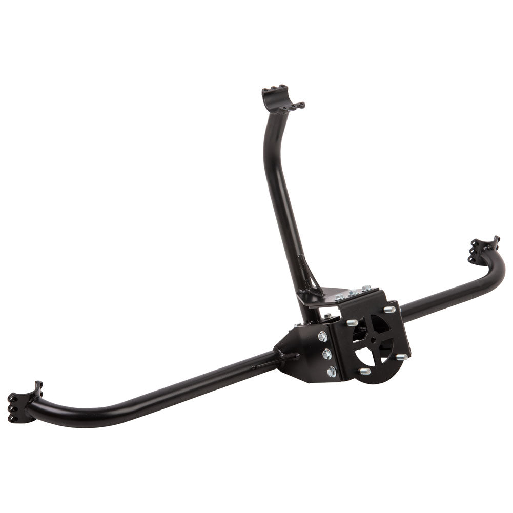A black metal motorcycle rear rack or luggage carrier with mounting brackets, shown on a plain white background.