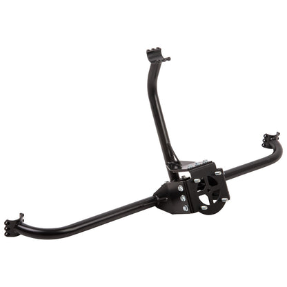 A black metal motorcycle rear rack or luggage carrier with mounting brackets, shown on a plain white background.