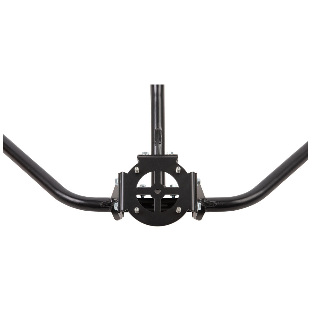 Black metal mounting bracket and curved handlebars for a fitness or gym equipment setup, shown against a plain white background.