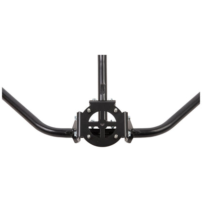 Black metal mounting bracket and curved handlebars for a fitness or gym equipment setup, shown against a plain white background.