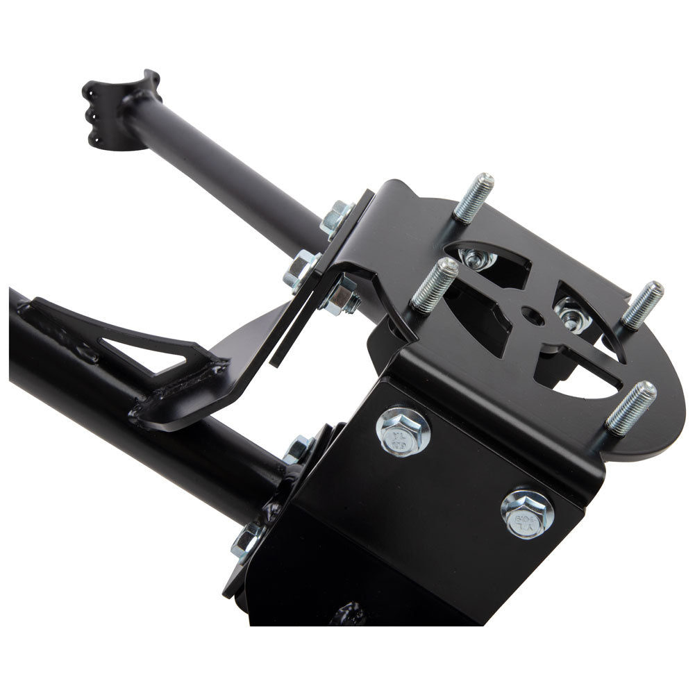 A black metal mechanical mounting bracket with bolts and a long black rod, shown on a plain white background.
