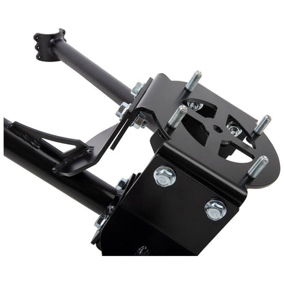 A black metal mechanical mounting bracket with bolts and a long black rod, shown on a plain white background.