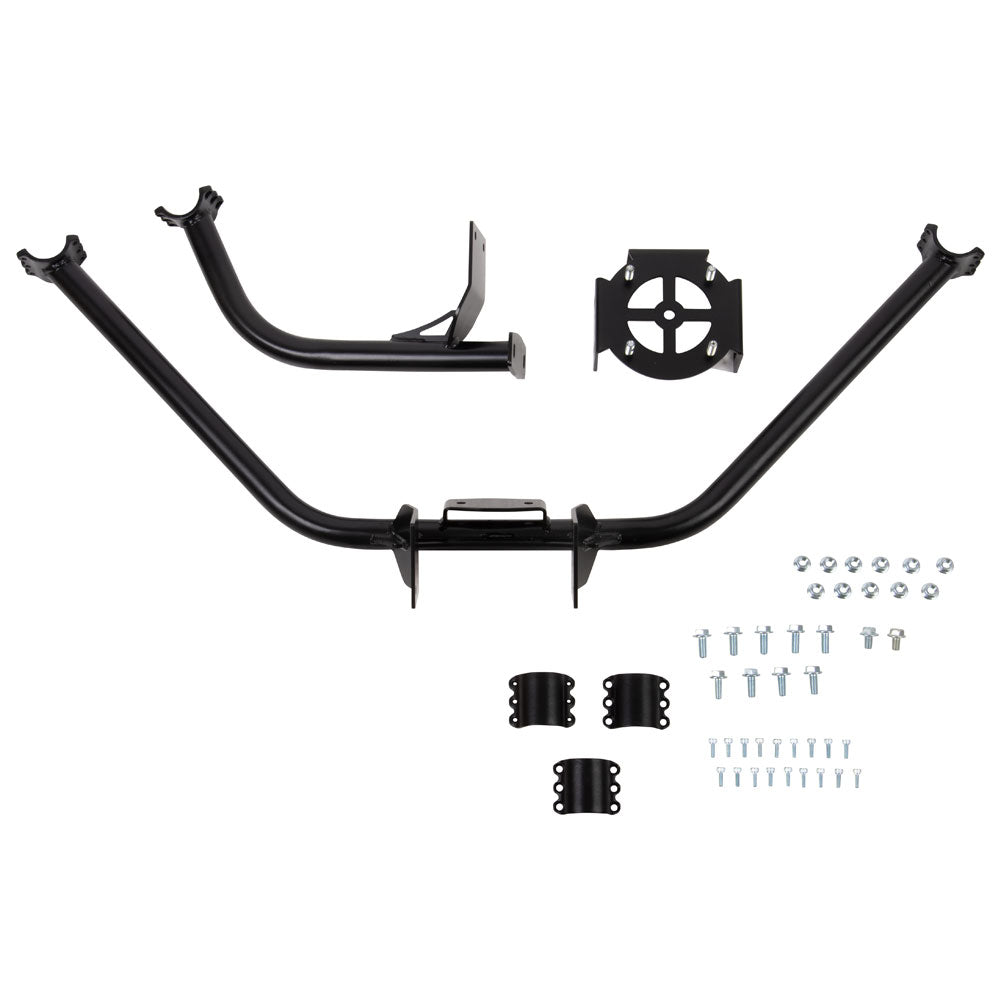 Black metal tubular frame kit with mounting hardware, including two long curved tubes, a circular bracket, two black cylindrical components, and silver bolts and nuts, arranged on a plain white background.