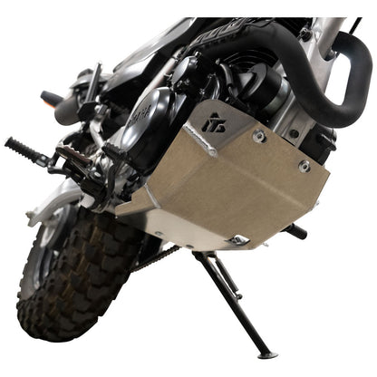 A close-up of a motorcycle engine and side panel with a tan metal engine guard and black kickstand on a white background.