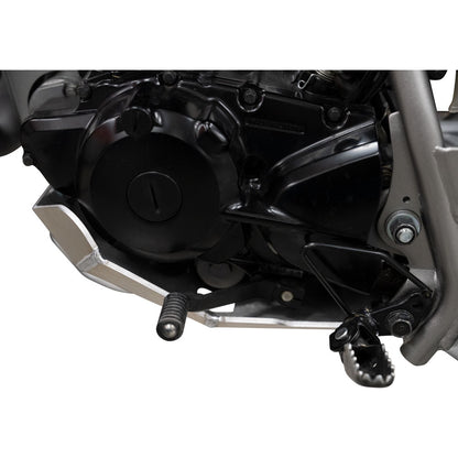 Close-up of a motorcycle engine and footpeg assembly, showing black and silver components on a white background.