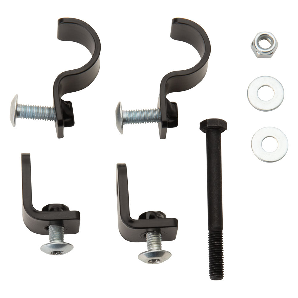 A hardware mounting kit with four black U-shaped bracket clips, two with threaded studs and two with flat washers, plus one long black bolt, one hex nut, and two silver washers, arranged on a plain white background.