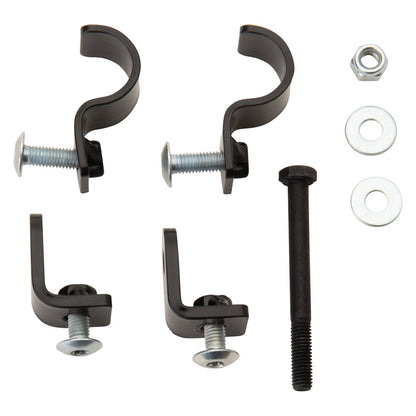 A hardware mounting kit with four black U-shaped bracket clips, two with threaded studs and two with flat washers, plus one long black bolt, one hex nut, and two silver washers, arranged on a plain white background.