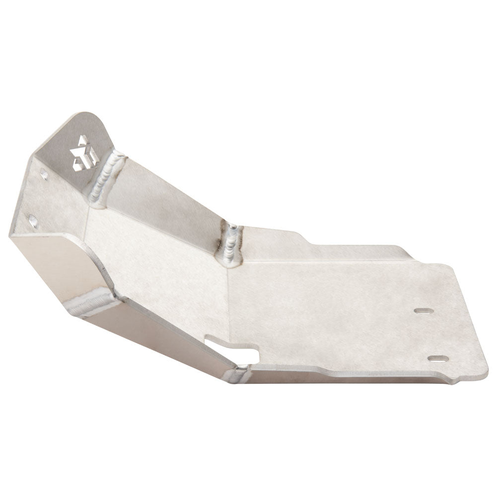 A silver metallic aluminum engine cover or splash guard bracket, shown on a plain white background.