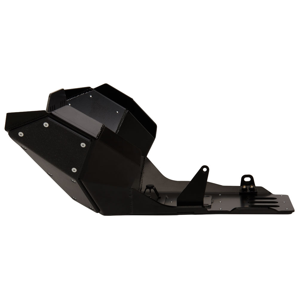 A black metal motorcycle tank cover or fender panel with pre-drilled mounting holes and structural brackets, shown against a plain white background.