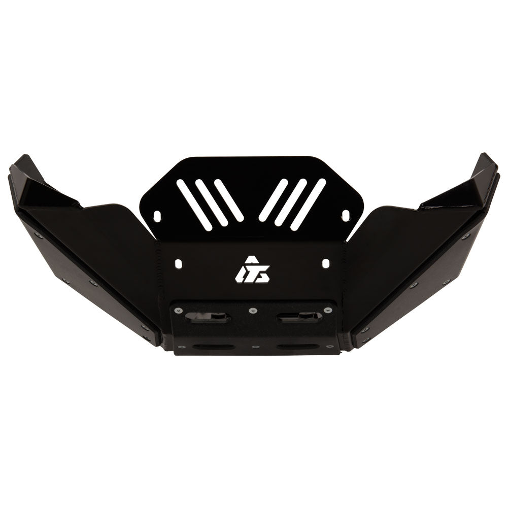 A black metal front bumper guard with a slotted top plate and a white stylized logo in the center, shown against a plain white background.