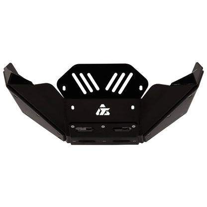 A black metal front bumper guard with a slotted top plate and a white stylized logo in the center, shown against a plain white background.