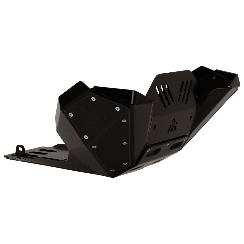A black heavy-duty metal skid steer protective shield with mounting holes and a small logo on the side, shown on a plain white background.