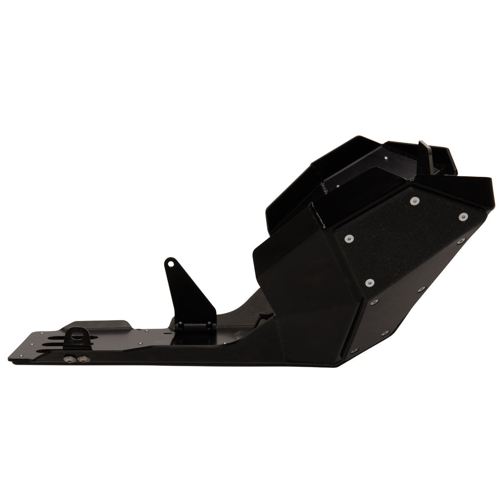 A black metal mechanical part, likely a bracket or shield, shown from a side profile view against a plain white background.