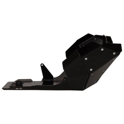 A black metal mechanical part, likely a bracket or shield, shown from a side profile view against a plain white background.