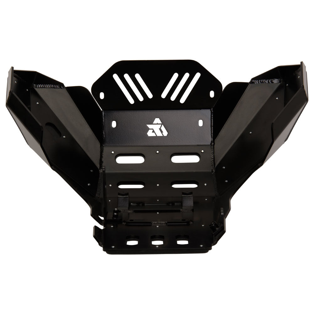 A heavy-duty black metal front bumper guard with a white stylized logo on the center panel, shown against a plain white background.