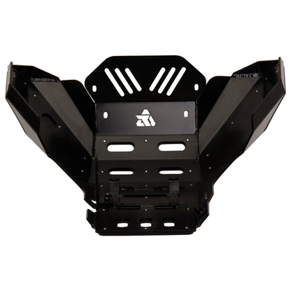 A heavy-duty black metal front bumper guard with a white stylized logo on the center panel, shown against a plain white background.