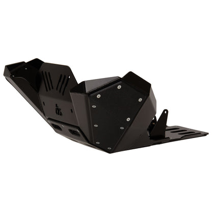 A black metal front bumper guard or skid plate mount, shown from a three-quarters angle on a solid white background.