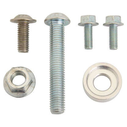 A set of silver metal fasteners and nuts on a plain white background, including a long hex head bolt, two short hex head bolts, a hex nut, and a flat washer.