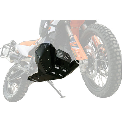 A black metal motorcycle crash bar or engine guard shown in front of a faded orange and white off-road motorcycle on a white background.