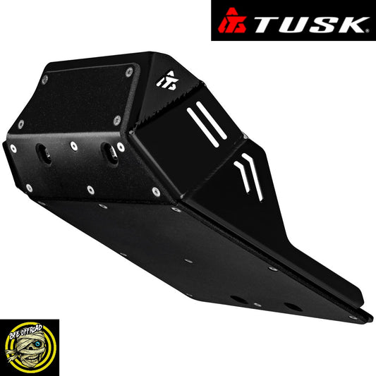 A black metal Tusk motorcycle tank guard with white logo decals, shown on a white background with a Tusk brand logo in the top right and a BFE Offroad Logo in the bottom left.