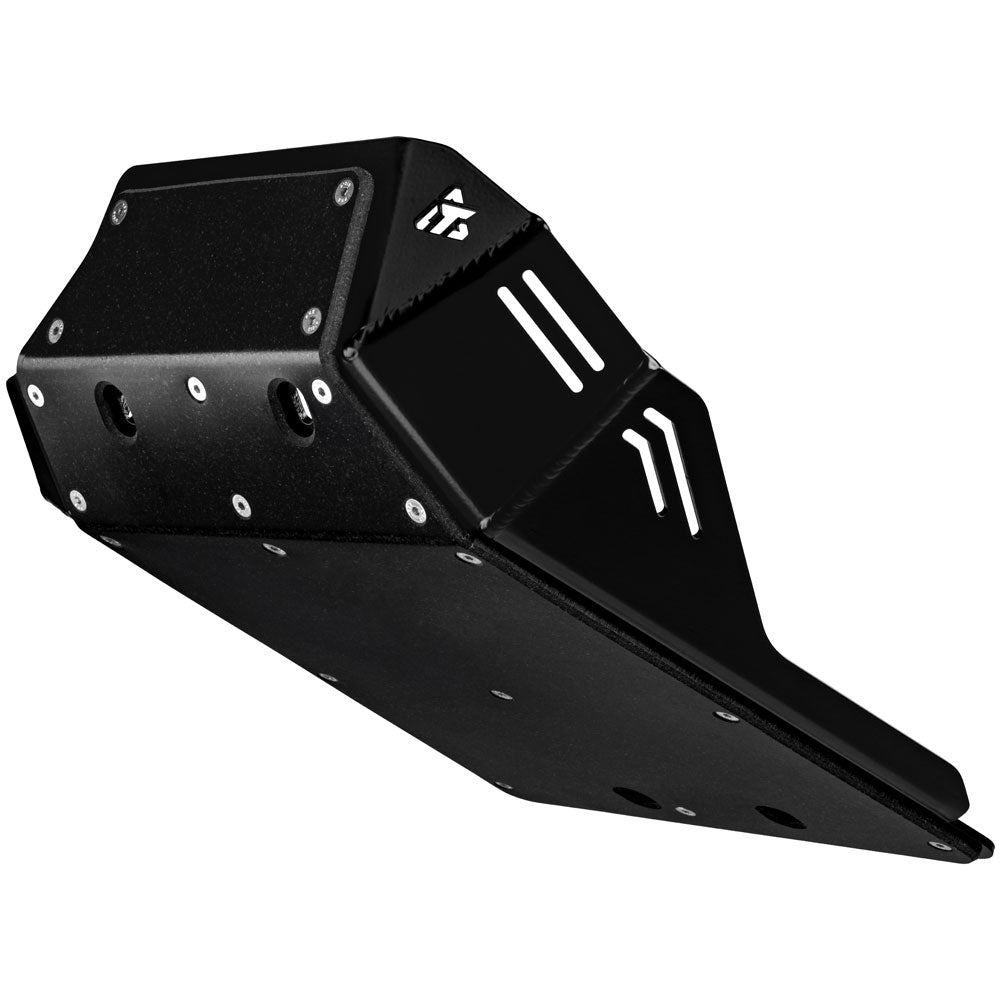 A black metal motorcycle engine guard with white graphic accents and mounting holes, shown on a solid white background.