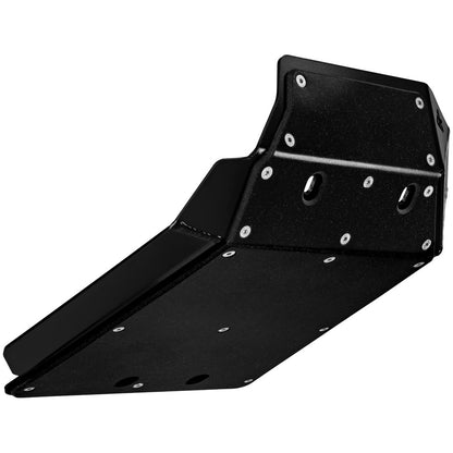 A black metal engine cover or skid plate with pre-drilled mounting holes and silver screws, shown on a plain white background.