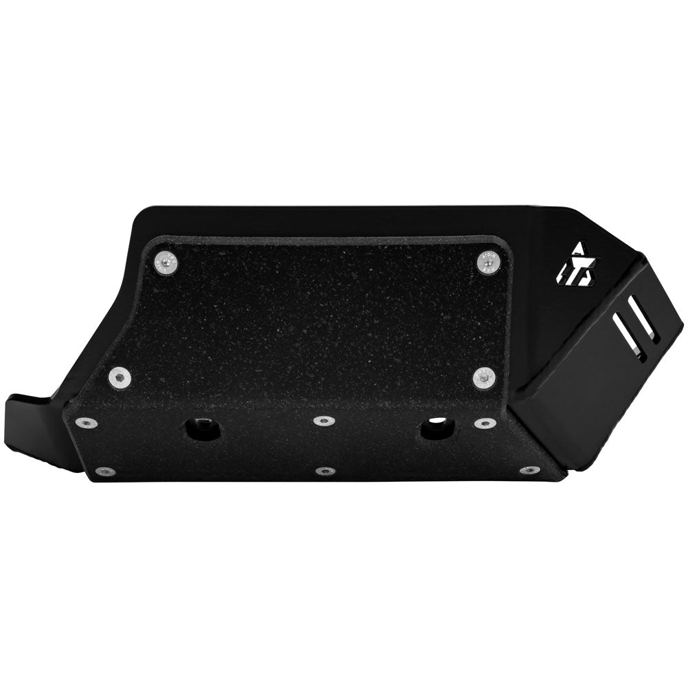 A black metal protective guard or shield with pre-drilled mounting holes and silver screws, shown against a plain white background.