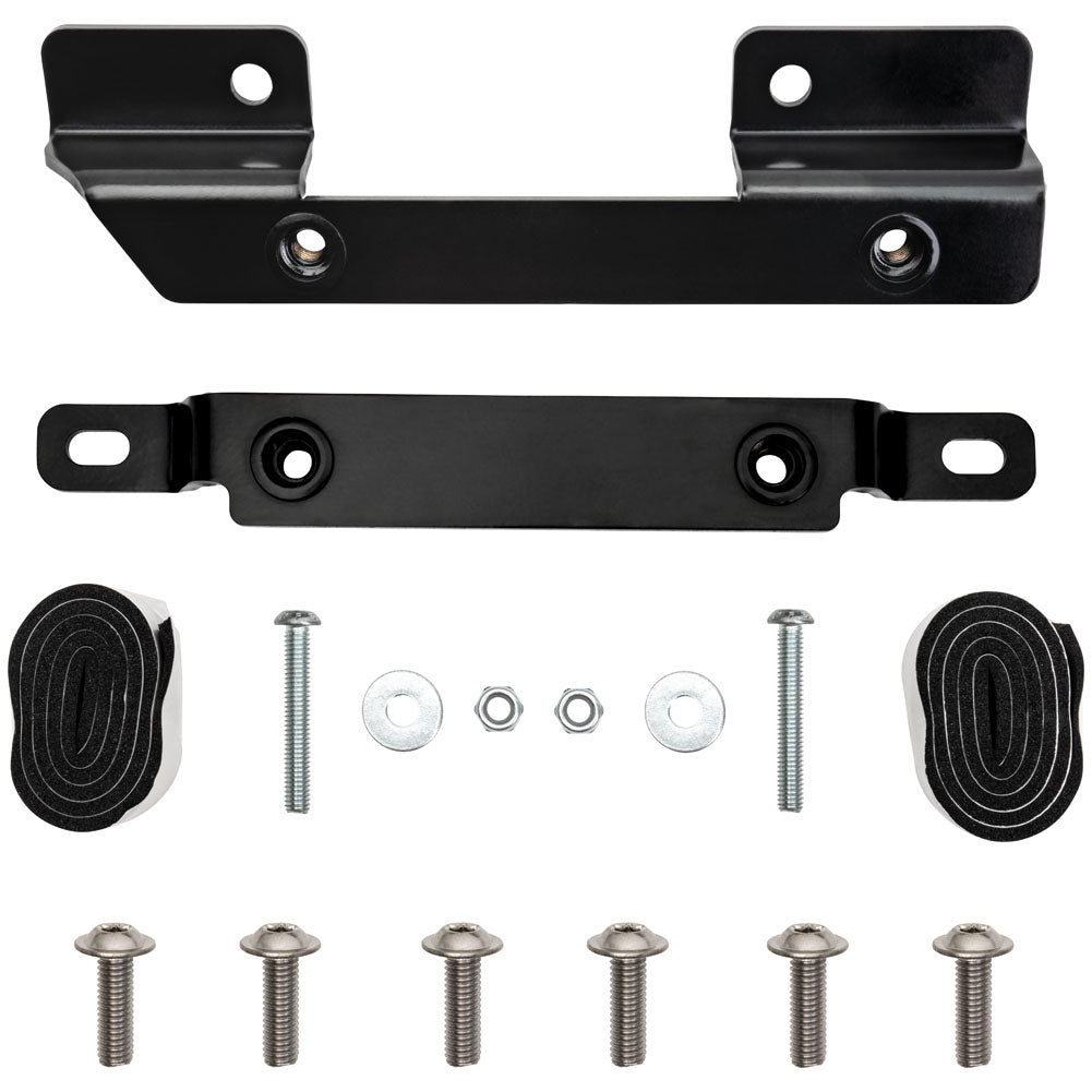 Black metal mounting bracket kit with six silver screws, washers, and nuts, and two rolls of black adhesive strap, shown on a white background.